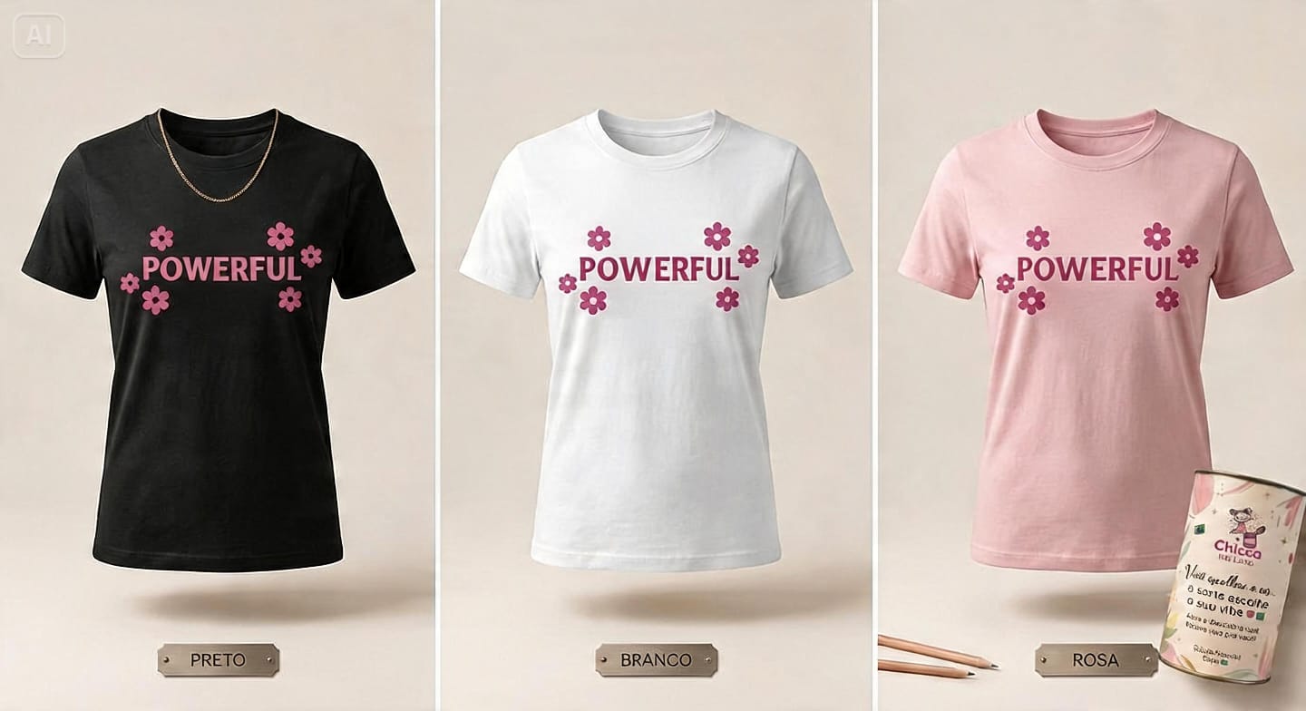 Camisetas com estampa Powerful nas cores preta, branca e rosa