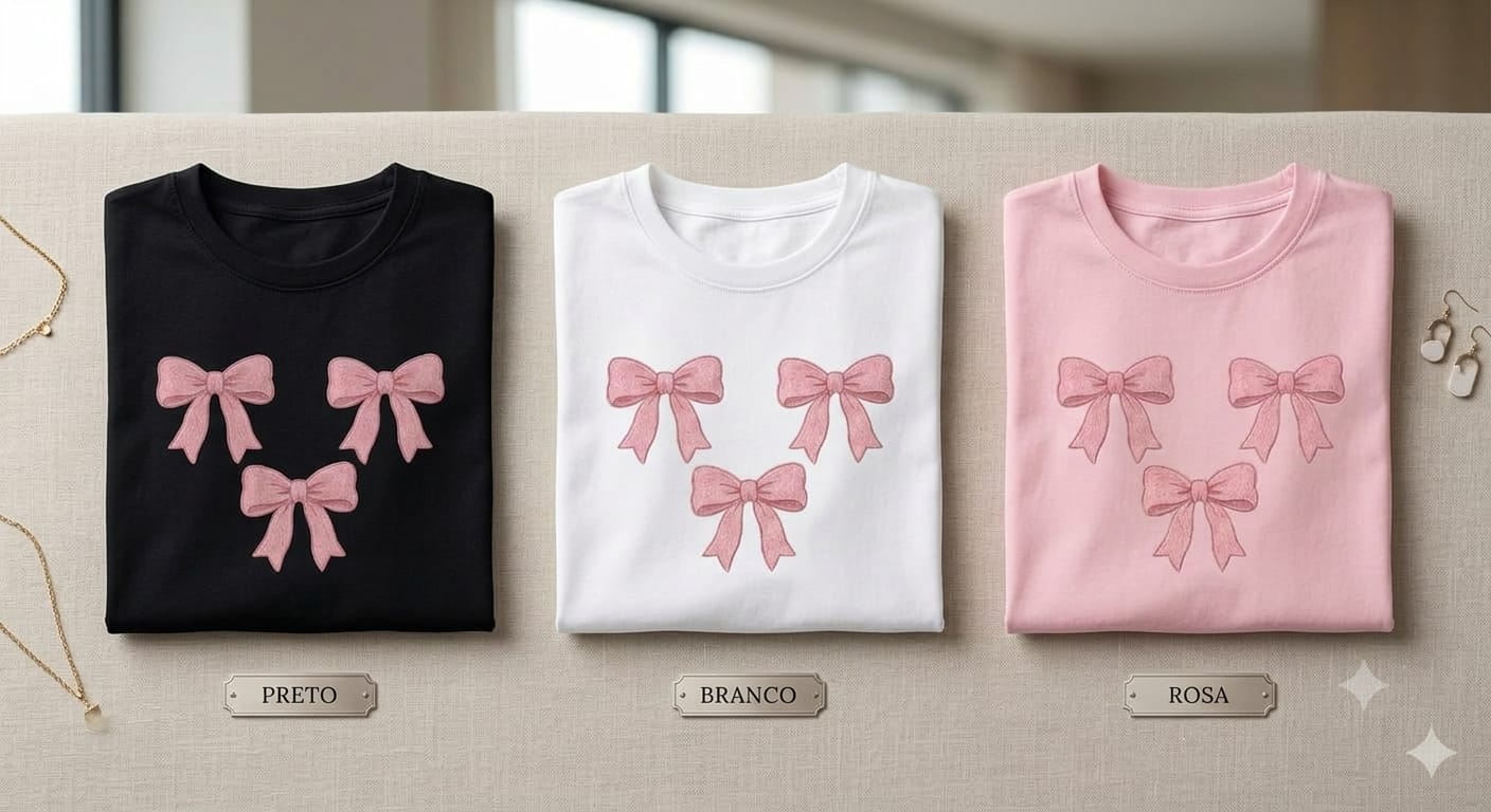 Camisetas com estampa de laços rosa nas cores preta, branca e rosa